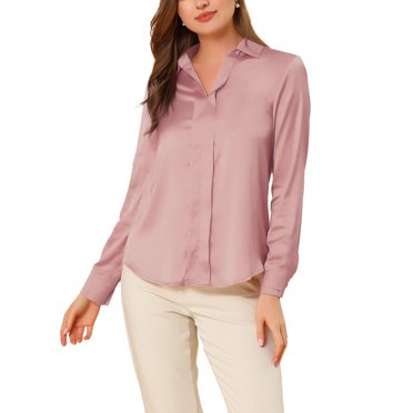 INSPIRE CHIC Women's Elegant V Neck Point Collar Long Sleeve Smooth Satin Blouse