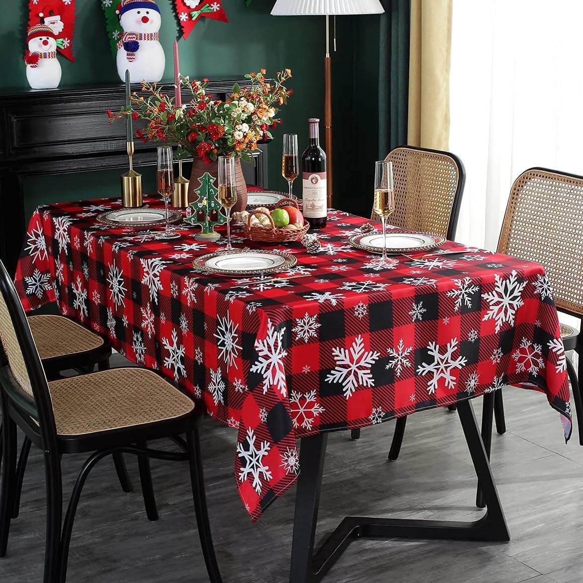 Christmas Tablecloth Rectangle, Plaid Table Cloth with Snowflake Decorations, Heavy Weight & Spillproof Table Cover for Dining, Party & Holidays (Snow Patterns, Rectangle, 60" x 84" (6-8 Seats))