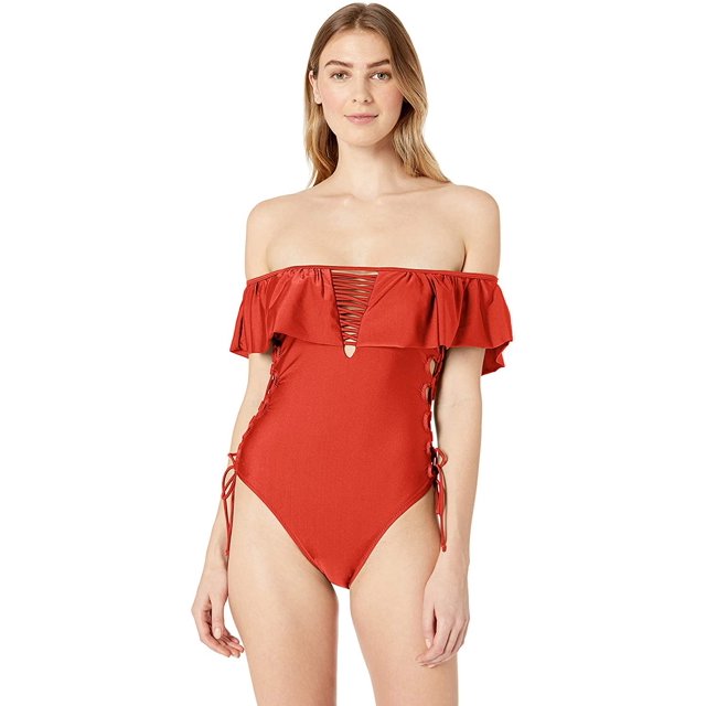YDX Women's Swimwear Flounce Off Shoulder One Piece Ruffles Bathing Suit, Shimmery Merlot, Large