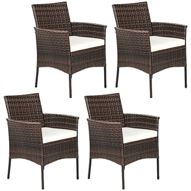 Gymax Chaise de Salle à Manger de Patio 4 Pcs en Rotin avec Accoudoirs, Canapé Coussiné, Mobilier Brun