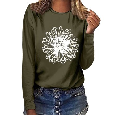 Jsaierl Hauts à Manches Longues pour Femmes 2024 Chemises Graphiques Tournesol Décontractées Col Rond Confortable Pull Chandail en Molleton Blouses Grande Taille pour le Travail