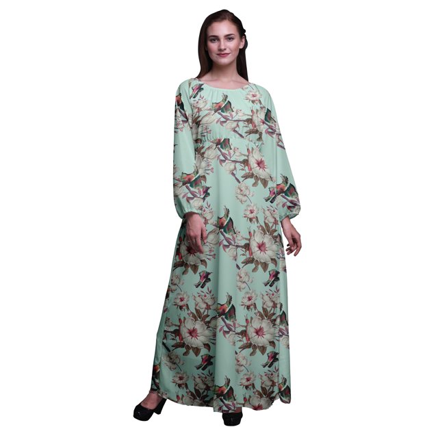 Bimba Robe Maxi d'Été Décontractée pour Femmes en Georgette Mousse à Imprimé Floral et d'Oiseaux, Longue, Taille Élastique - Grand