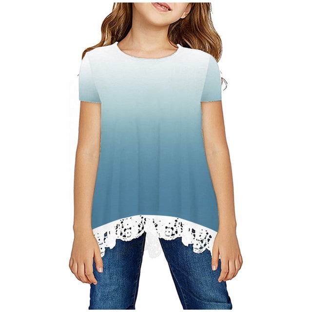 Mefallenssiah Chemise Fille Col Rond Superposé Imprimé Floral Manches Courtes Mignon Blouse Enfants Tee top en Dentelle