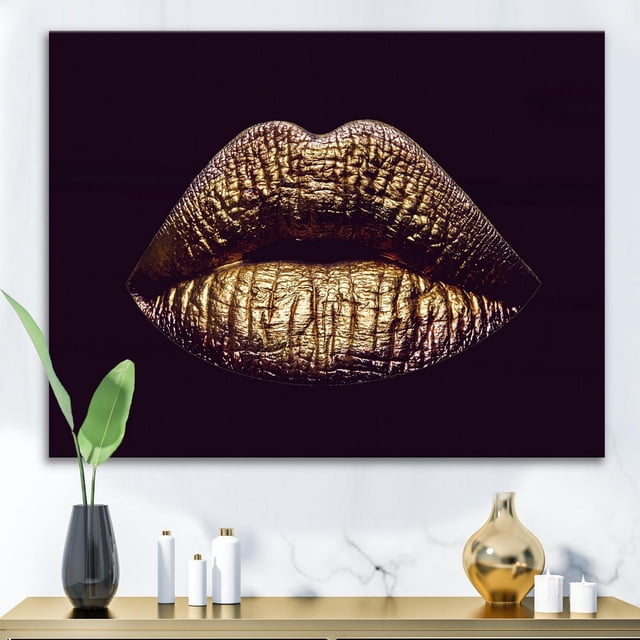Designart Sexy Golden Metallized Female Lips II Canvas Wall Art depicting a centered close-up of textured metallic gold lips on a black background, printed on premium cotton canvas with gallery-wrapped edges, ready to hang in modern home décor.