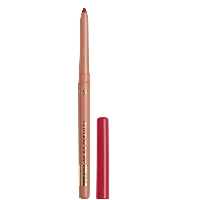 Colour Riche Lip Liner by L'Oréal Paris, a creamy, anti-feathering retractable lip liner pencil with a nude beige barrel and gold lettering, featuring a deep red tip and matching red cap on a white background, ideal for precise lip definition and long-lasting wear.