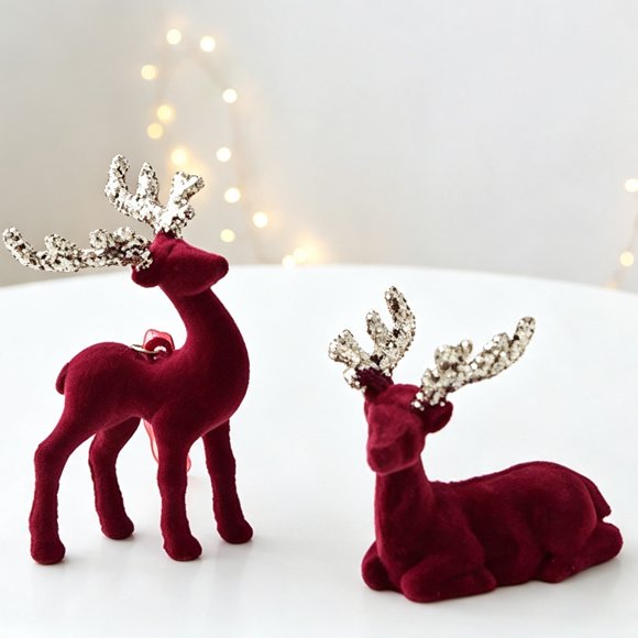 Christmas Flocking Elk Statue, Red Plush Reindeer Ornament, Cute Seated Standing Deer Sculpture for Wine Cabinet, Tabletop, Winter Holiday Decor