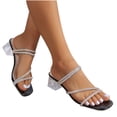 thumbnail image 1 of Womens Sandals Rhinestone Strappy Block Low Heeled Square Toe Clear Chunky Heels Open Toe Two Ways Wearing Slide Summer Dress Shoes Black, 1 of 1