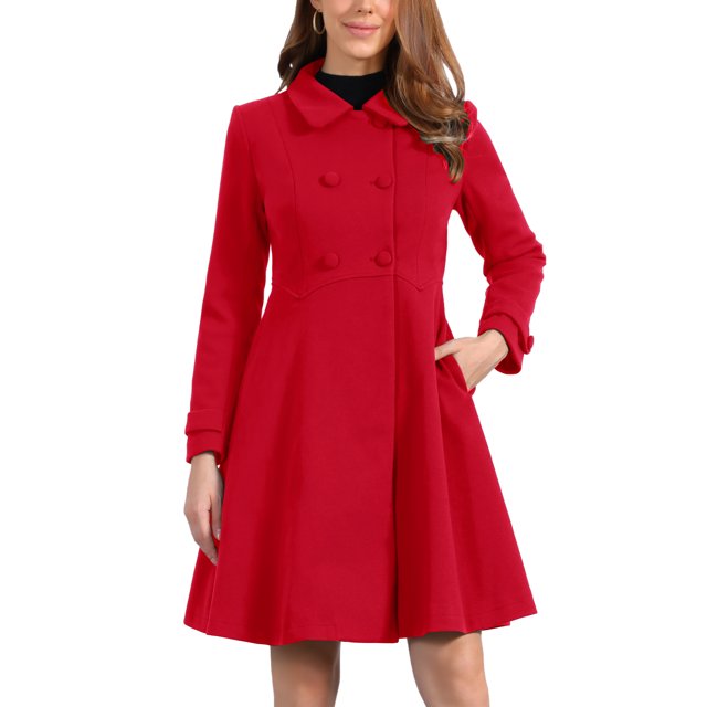INSPIRE CHIC Women's Vintage Solid A Line Double Breasted Collared Winter Overcoat S Red