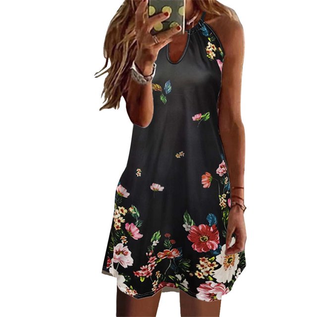 Langgg Robe Courte Décontractée Imprimée Sans Manches Esthétique Élégante Mignonne Robe de Plage Vacances Club Vêtements d'Été Fleur Noire L