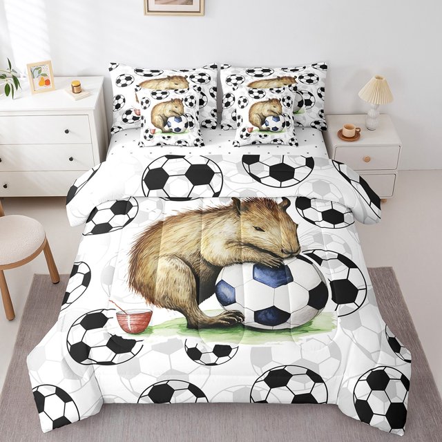 YST Ensemble de Douillette Cartoon Capybara, Ensemble de Literie à Thème Sportif 7 Pcs, Format Simple, Capybara Brun Amusant