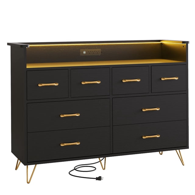 AKDSteel Commode Moderne à 8 Tiroirs avec Lumières DEL et Station de Recharge – Grand Coffre de Rangement pour Chambre, Salon, Entrée, 49 Pouces de Large