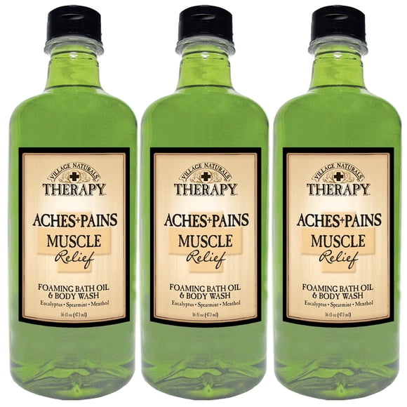 Village Naturals Therapy Aches and Pains Muscle Relief Foaming Bath Oil and Body Wash 16oz (3-pack)