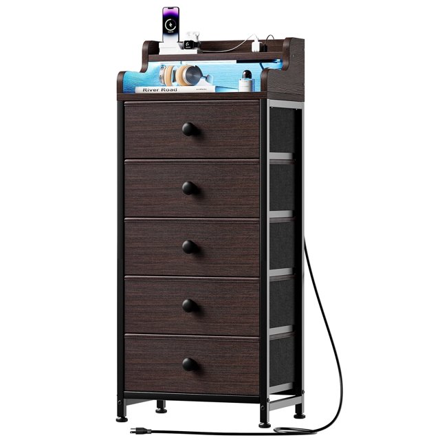 GUNAITO Commode à DEL pour Chambre avec 5 Tiroirs, Haute et Étroite, Commode de Rangement en Tissu pour Adultes, Brun