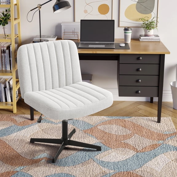 Homall Office Desk Chair Armless Swivel Vanity Chair, Fabric Padded Home Office Chair No Wheels, White