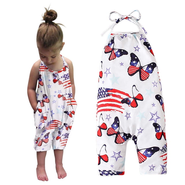 EGNMCR Girls' Jumpsuits & Rompers Girls Children's Summer Independence Day Romper Sling Sleeveless Backless Short Jumpsuit Kid Rompers
