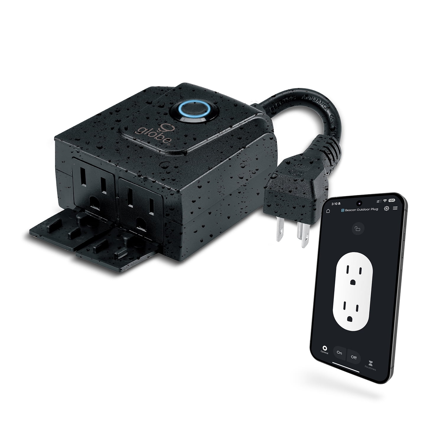 Globe Electric Smart Beacon 2-Outlet Outdoor Plug, Bluetooth, Grounded, 125V 15A 1875W, 6 in Cord, 30 ft Remote, Black