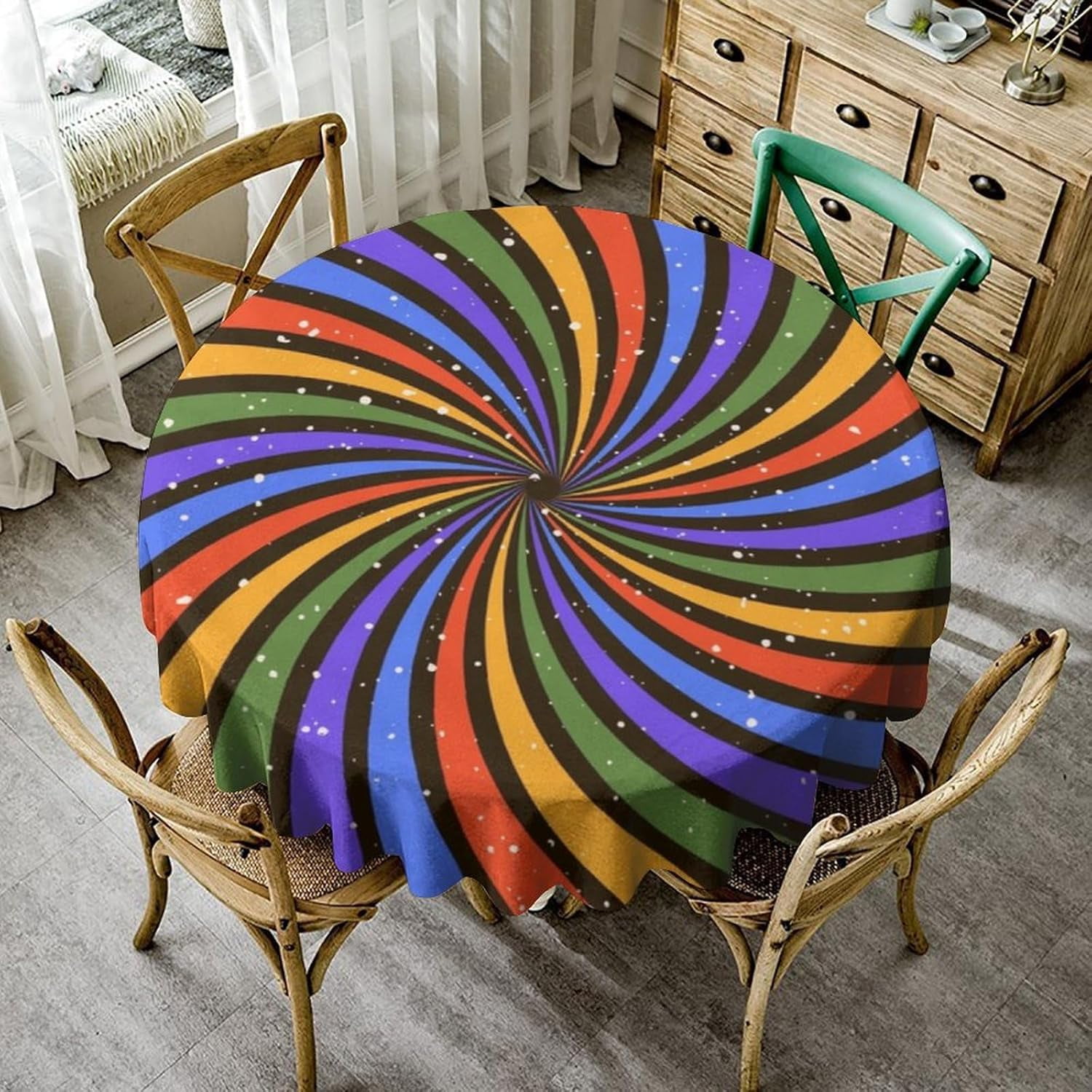 Abstract Rainbow Tablecloth, Retro 1960 1970s Style Colorful Summer Hippie Sunburst Groovy Swirl Print Table Cloth Cover for Home Dining Room Party, Round(60x60in)