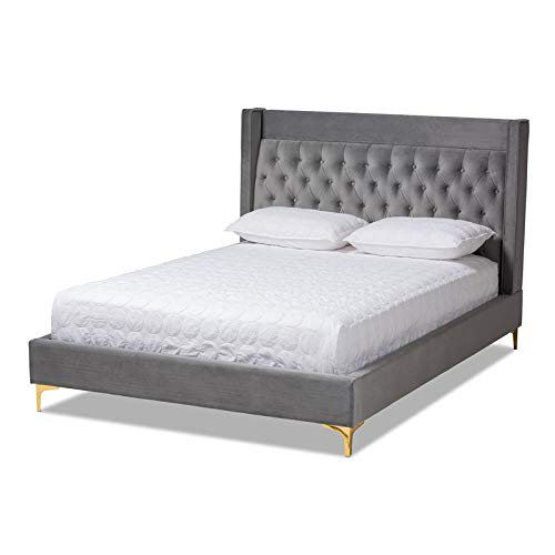 Bowery Hill Tufted Velvet Fabric Platform Queen Bed in Dark Gray