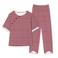 thumbnail image 1 of Timegard Ensembles 2 Pcs pour Femmes Grande Taille Hauts à Rayures à Col Ras du Cou à Manches Courtes et Pantalons à Taille Élastique Tenues Décontractées, 1 of 3