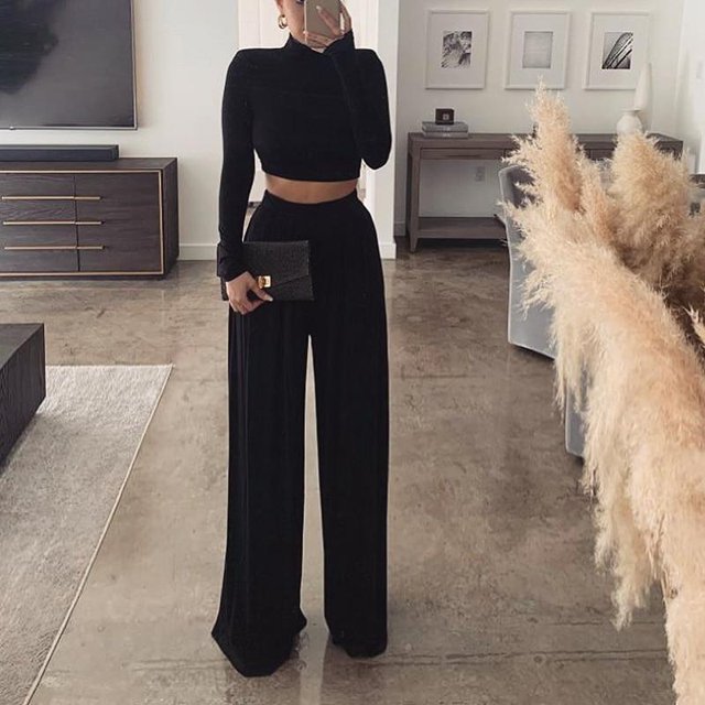 Long Sleeve Crop Top Wide Leg Pants Two Piece set