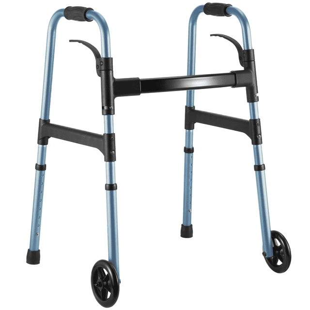 MaxKare Déambulateur Pliant avec Roues, Hauteur Réglable de 30,5 Pouces-37,5 Pouces, Capacité de Poids de 300 Lb, Léger pour Aîné, Vue Bleue Orientée vers l'Avant d'Un Déambulateur Pliant en Aluminium MaxKare Bleu avec Réglage de Hauteur à 8 Niveaux (30,5 Pouces–37,5 Pouces), Deux Roues Coulissantes avant de 5 Pouces, bases en Caoutchouc Antidérapantes, Charnière Pliante à une Main et Poids Homologué de 6,4 Lb; Aide à la Mobilité pour Usage Intérieur et Extérieur Offrant