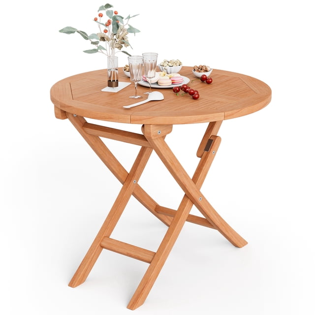 Costway Table à Manger Rond Pliant de Patio 31,5 Pouces en Teck d'Indonésie Naturel pour l'Extérieur, Portable
