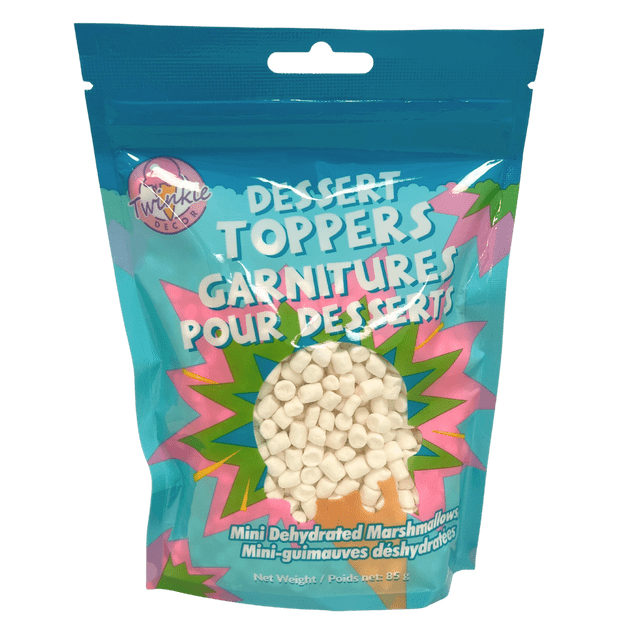 Package of Twinkle Dessert Toppers featuring mini dehydrated marshmallows for decorating desserts
