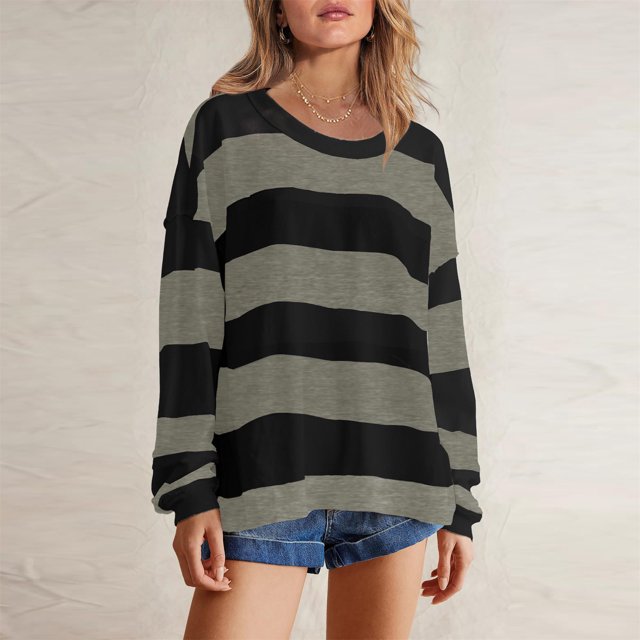 Styesk Chemises à Manches Longues pour Femmes Chemise Rayée Tendance Ample Col Rond Tunique Décontractée Patchwork Douce Légère Chandail en Molleton