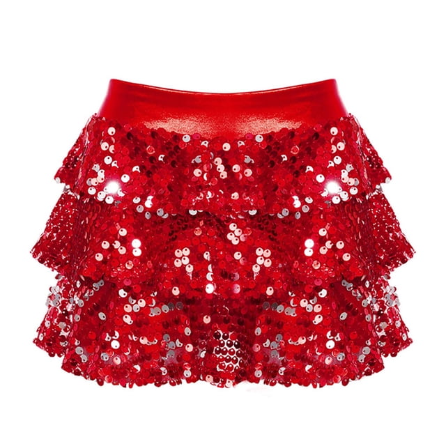 YONGHS Jupe Tutu à Paillettes pour Filles, Jupe de Danse à Volants, Robe de Ballet Rouge 6