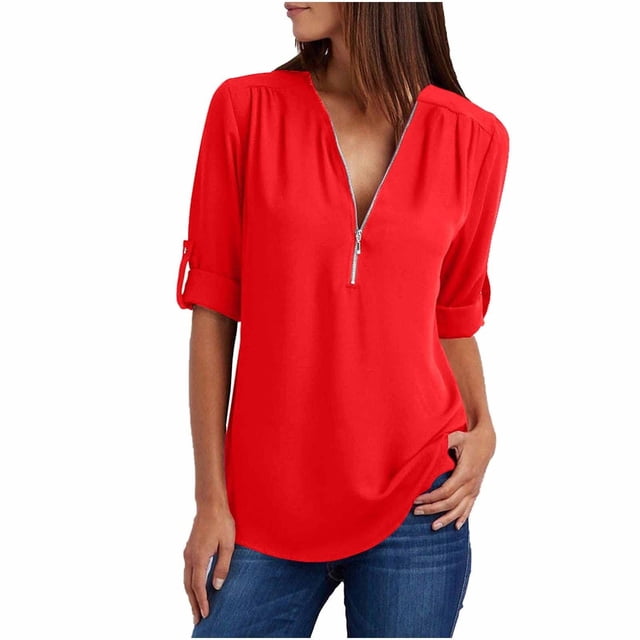 Women's Loose Chiffon Shirt - Long Sleeves, Zipper Detail, Plus Size Button Top