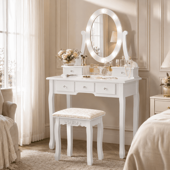 Ktaxon Vanity Table 10 LED Lights, 5 Drawers Makeup Dressing Desk with Cushioned Stool Set,Bedroom Vanities Set White