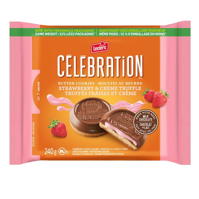 CELEB STRAWB CRM TRUFFLE COOKIES 240g pack showing butter cookies with strawberry creme filling and real milk chocolate coating on pink and orange packaging with fresh strawberry images, suitable for everyday snacking and biscuit enjoyment.