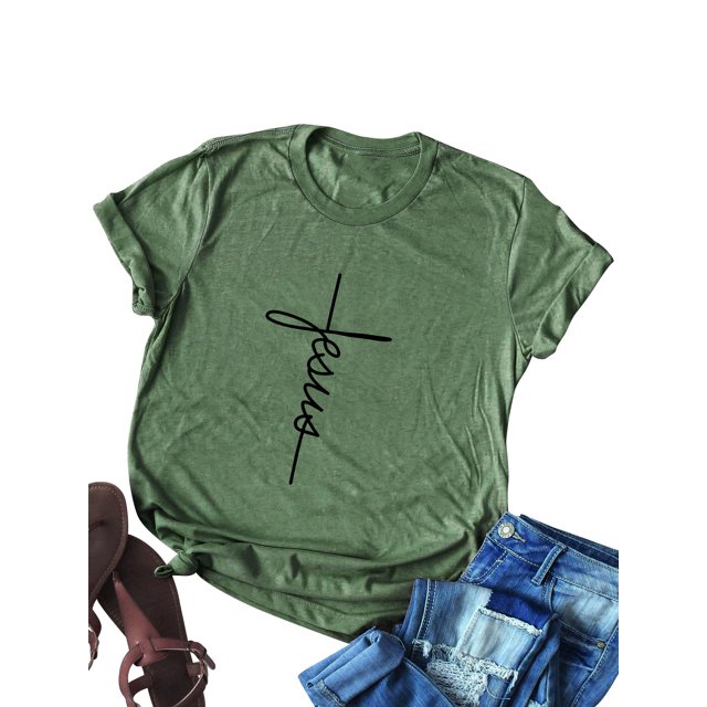 Tee-Shirt Chrétien à Manches Courtes Imprimé Lettre Jésus pour Femmes