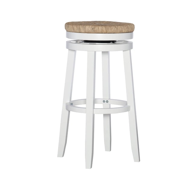 Larkin Barstool, White with a natural handwoven seagrass seat that swivels 360 degrees on a solid rubberwood frame. It features four slightly splayed legs, a round footrest, and a white finish. The stool stands 31.6 inches high, ideal for kitchen and bar seating with bar heights of 41 to 43 inches. Suitable for casual dining or bar areas.