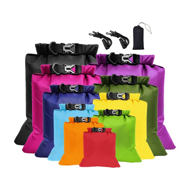 10Pcs Floating Waterproof Bags Waterproof Rucksack Bag Kayak Float Bag for Canoe. A set of ten multicolour waterproof bags made from durable 190T polyester taffeta fabric, featuring roll-top closures with buckles for secure sealing. These lightweight and floating dry bags are designed for kayaking, boating, swimming, and other water sports, protecting items like phones, clothes, and snacks from water, sand, and dust. The set includes bags in various sizes ranging from 1.5L to 15L, suitable for multiple outdoor activities.