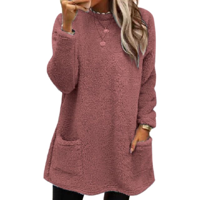 LUXUR Women Fuzzy Fleece T Shirt Loose Work Tops Dark Pink S