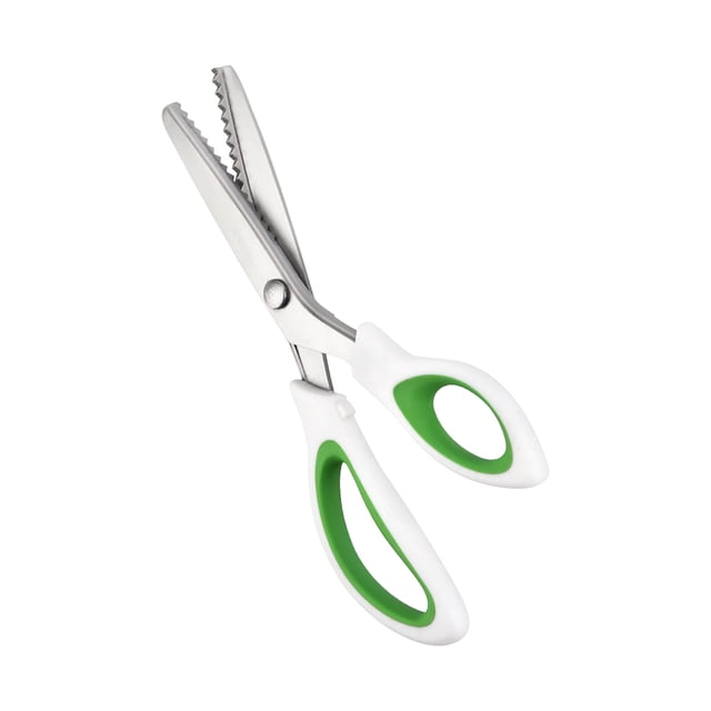 Vadktai Pinking Shears Comfort Grips Crafts Zig Zag Cut Sewing Scissors, featuring high-quality hardened stainless steel blades for precise zigzag cuts. The ergonomic ABS handle in white and green provides comfort and control during use. Suitable for fabrics, paper, leather, and craft projects, these professional dressmaking scissors are ideal for both domestic and professional applications.