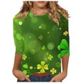 thumbnail image 1 of Diufon T-Shirts de la Saint-Patrick pour Femmes, Grande Taille, Imprimé Trèfle, Manches 3/4, Col Rond, 1 of 5