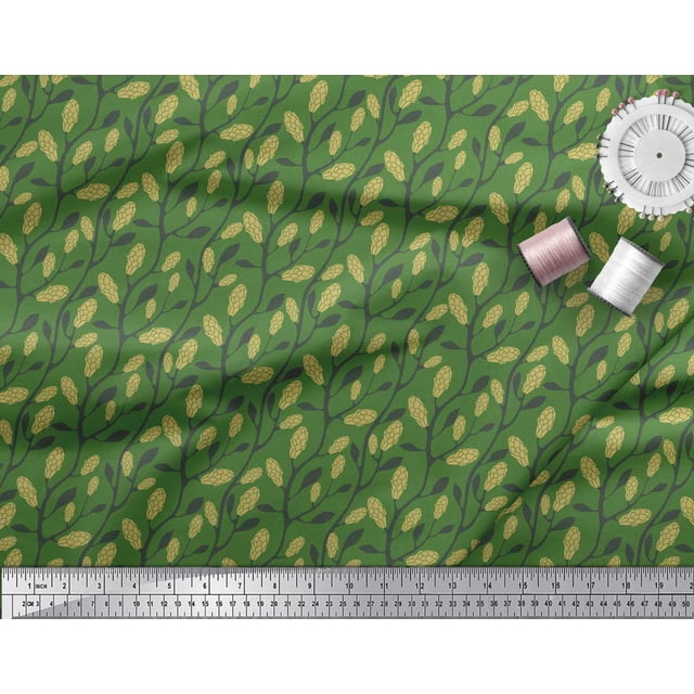 Soimoi Green Poly Georgette Fabric Leaves & Clover Floral Decor Fabric Printed Yard 52 Inch Wide