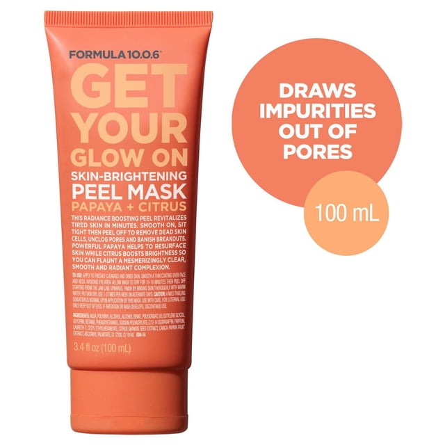 Formule 10.0.6 Obtenez Votre Éclat sur la Peau - Masque Pelable Éclaircissant avec Extraits de Papaye et d'Agrumes; Lisser en Couche Fine, Laisser Sécher 10–15 minutes, Puis Peler pour Enlever les Cellules Mortes de la Peau, Déboucher les pores et Aider à Réduire les Éruptions; Parfum Frais de Papaye et d'Agrumes; Souvent Utilisé comme Traitement Ciblé pour les Zones Sujettes aux Éruptions.