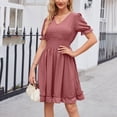 thumbnail image 3 of Dvprdro Robe en Chiffon pour Femmes Mode Été Col en V Manches Courtes à Volants Plissée Fluide Décontractée Ample Boho Plage Soleil Mini Robe, 3 of 5