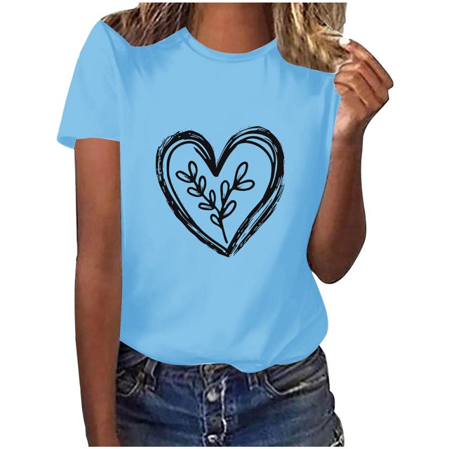 Diufon Hauts de la Saint-Valentin pour Femmes, Tunique Décontractée à Manches Courtes, Chandail à Col Rond, Blouse Tendance Mignonne à Imprimé Graphique
