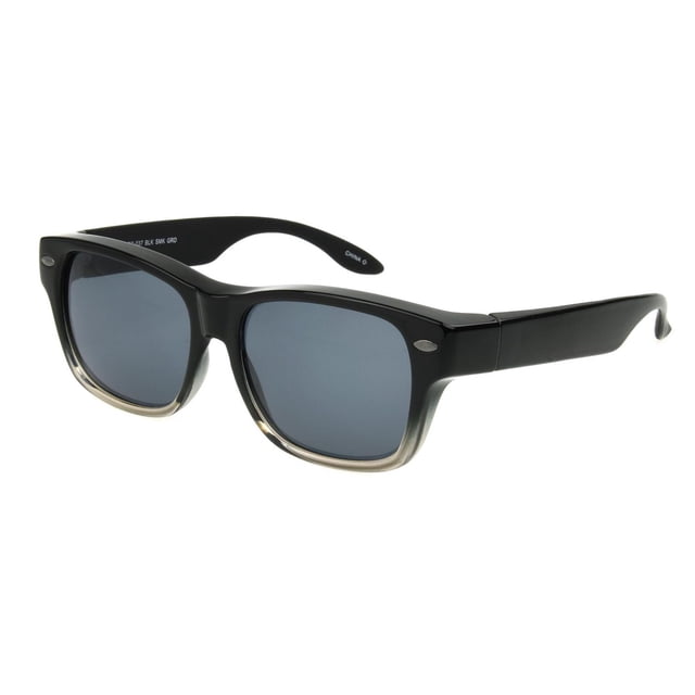 Foster Grant Polar Optics Fits Over Sunglasses with black gradient plastic frame and polarized smoke lenses that reduce glare and provide 100% UVA-UVB protection, designed to fit over prescription glasses up to 5-1/4 inches wide by 1-3/4 inches high, shown in a 3/4 angled view on a white background.