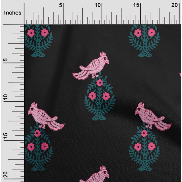 oneOone Cotton Silk Fabric Leaves|Bird & Floral Block Print Fabric BTY 42 Inch Wide
