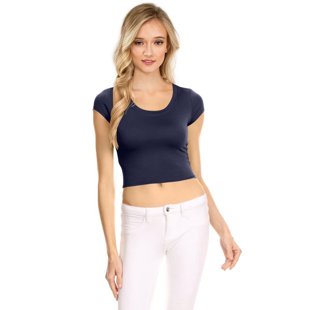 NYL Womens Basic Short Sleeve Scoop Neck Crop Top - USA, XXX-Large, Navy