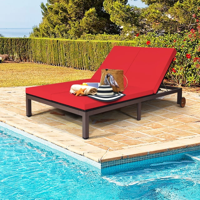 Gymax Fauteuil Inclinable de Patio en Rotin Réglable pour 2 Personnes avec Coussin Rouge et Roue