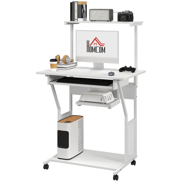 White Mobile Computer Desk with Keyboard Tray & Shelves - Rolling Study Table for Home Office, 31.5" x 19.7"