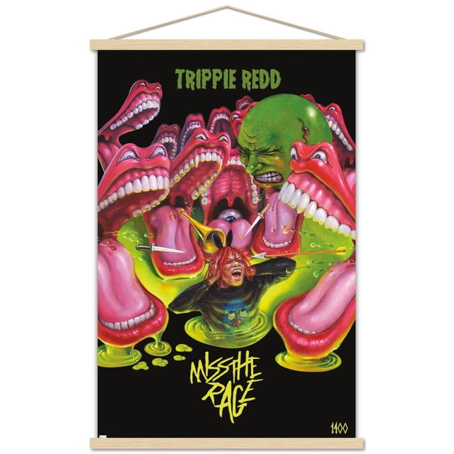 Trippie Redd - Miss the Rage Affiche Murale avec Cadre Magnétique, 22,375 Po x 34 Po Présentant une Oeuvre Surréaliste de Grandes Bouches Ouvertes Rouges avec des Dents Blanches et un Liquide Néon Vert-Jaune Entourant une Figurine à Peau Verte sur Fond Noir, avec « Miss the Rage » en Texte Jaune Stylisé, Convient à la Décoration Murale de Chambre Ou de Dortoir.