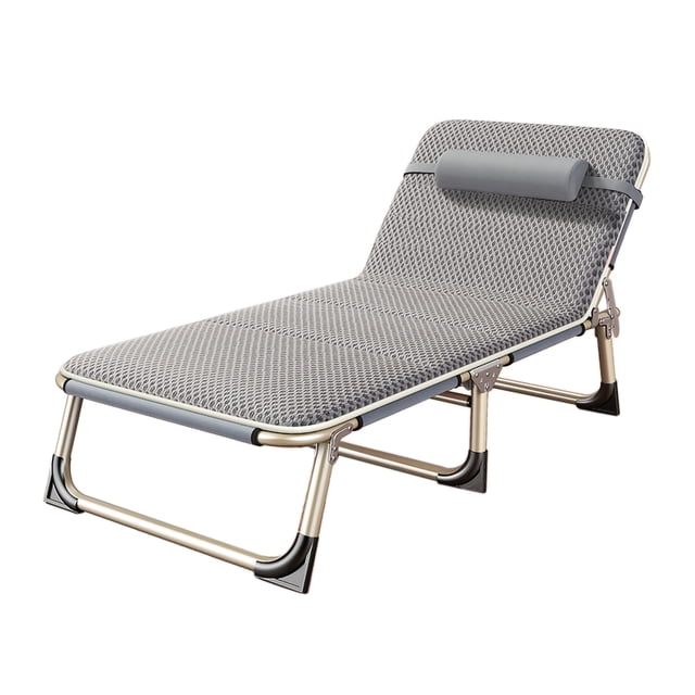 Folding Bed Single Person Folding Bed Camping Folding Bed Camping Bedchair Single Bed Recliner Folding Bed Single Person Folding Reclining Lounger. The bed features a sturdy iron frame with a breathable Oxford cloth surface, designed for camping, office lunch breaks, or lounging. It includes a padded headrest and a foldable design for easy storage and portability. The ergonomic structure supports up to four men and offers a blend of firmness and comfort.