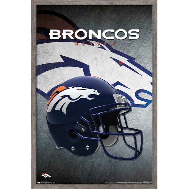 NFL Denver Broncos - Affiche Murale de Casque 16, 22,375 Po x 34 Po Montrant une Vue Latérale d'Un Casque de football Bleu Marine avec le logo du Cheval des Broncos Blanc et orange sur un Fond Gris Texturé avec un Grand Emblème des Broncos Délavé et le Texte « Broncos » en Blanc et « Denver » en orange au-Dessus, Encadré en Bois Rustique. Idéal pour la Déco de Chambre de fan de sports Ou la Décoration de Fête de Jour de Match.